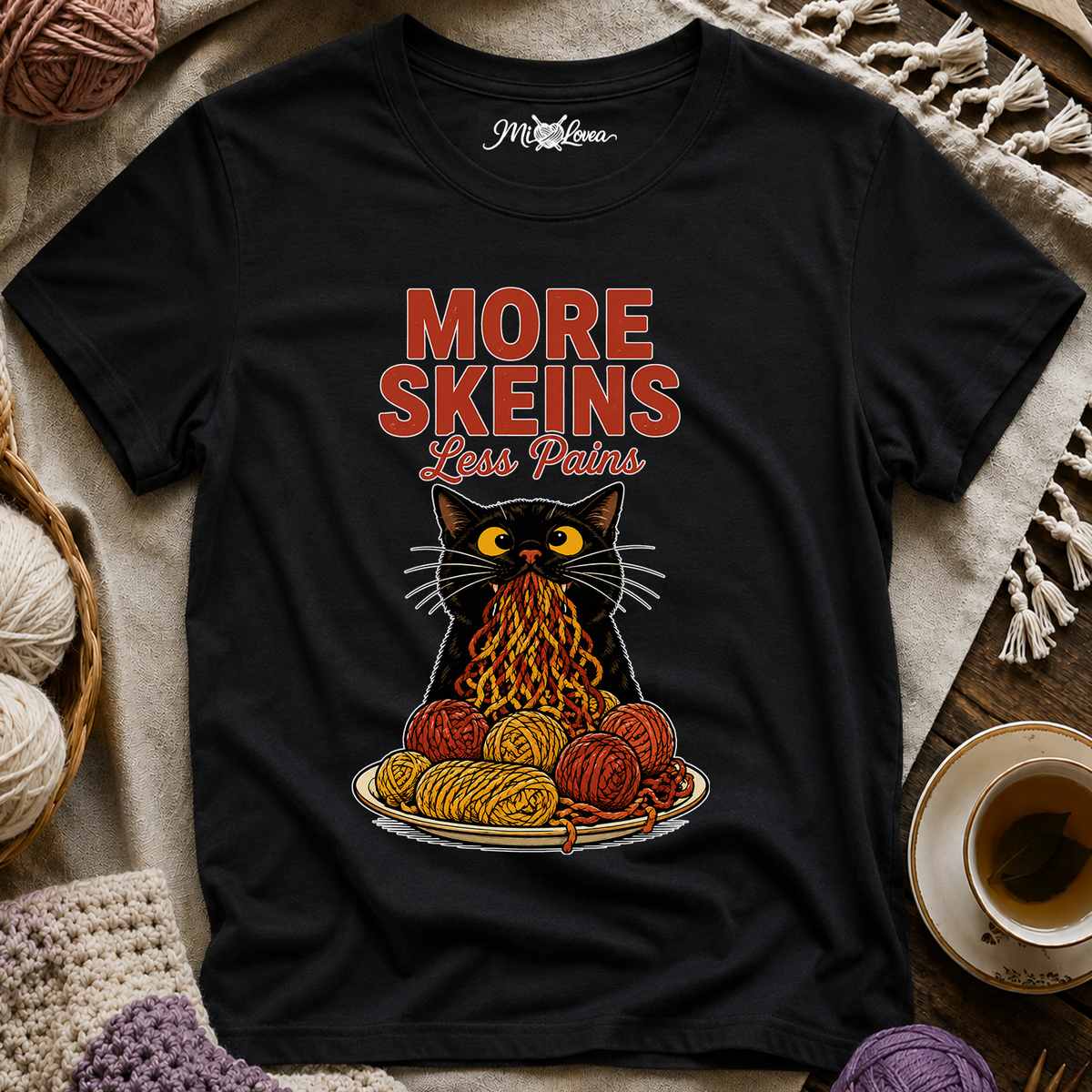 "More Skeins, Less Pains" Cat with Yarn T-Shirt