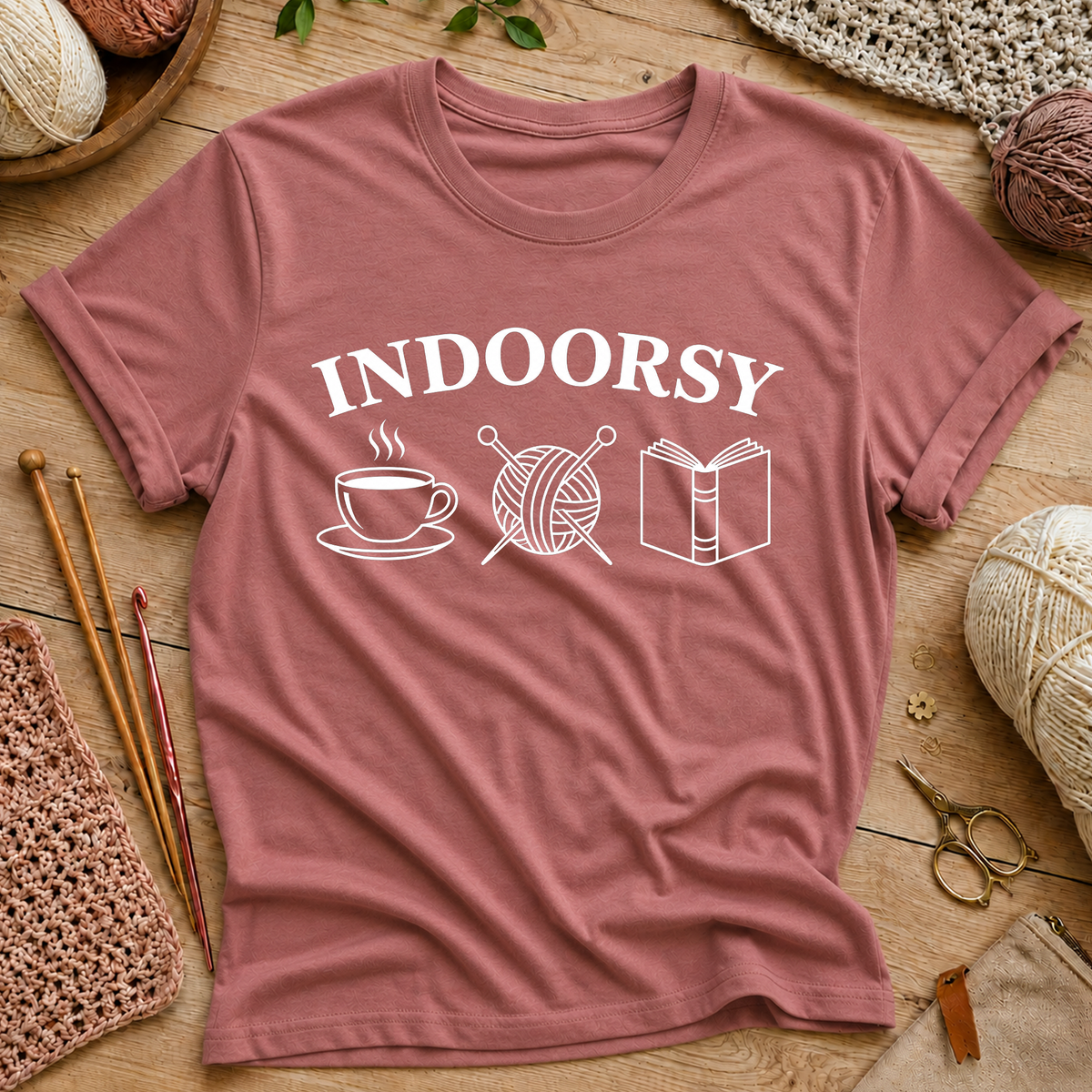“Indoorsy” Coffee, Knitting & Reading T‑Shirt