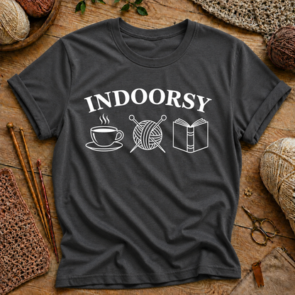 “Indoorsy” Coffee, Knitting & Reading T‑Shirt