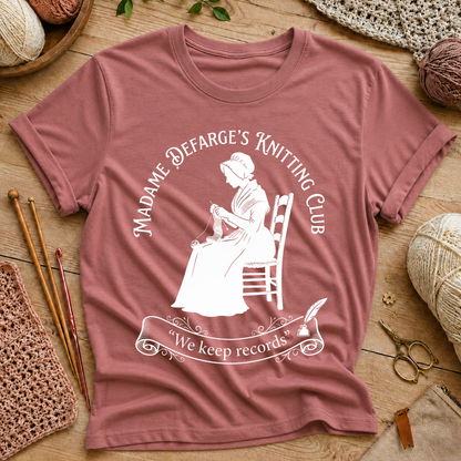 Madame Defarge’s Knitting Club: We Keep Records T‑Shirt